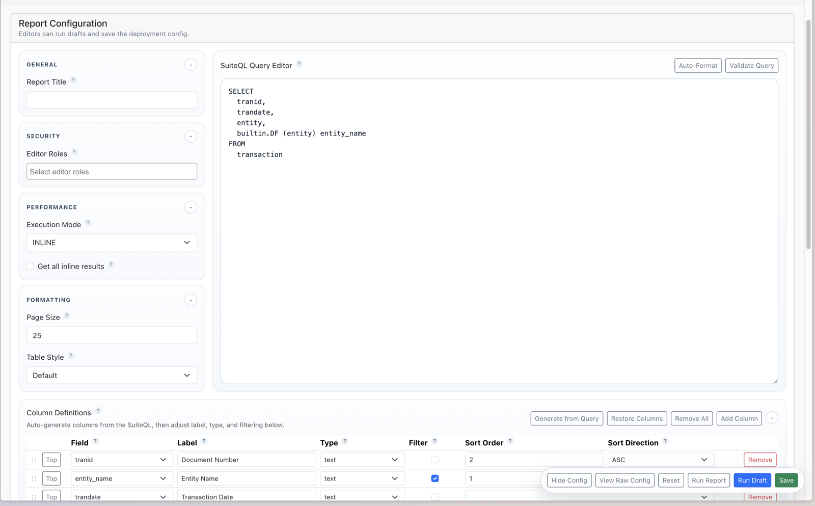 SuiteQL Report Publisher configuration screen inside NetSuite